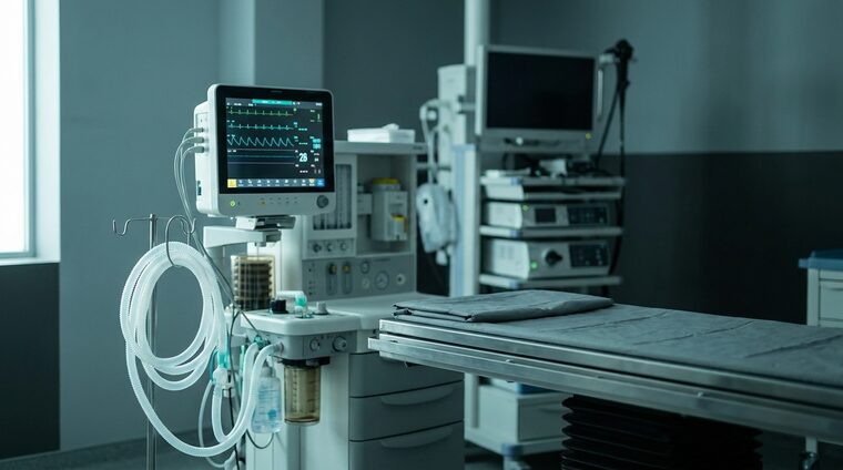Máquina de anestesia y monitor de signos vitales listos