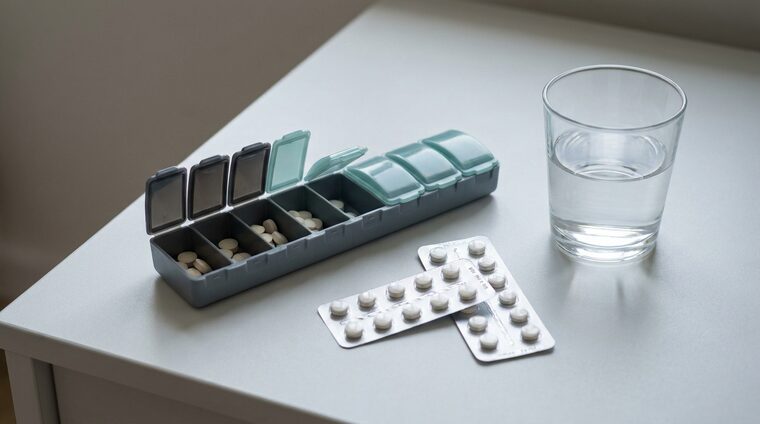 Pastillero semanal y empaques de medicamento junto a un vaso de agua