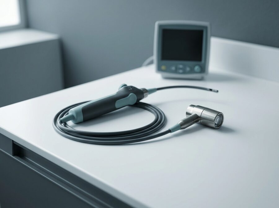 Nasolaringoscopio flexible sobre superficie clínica